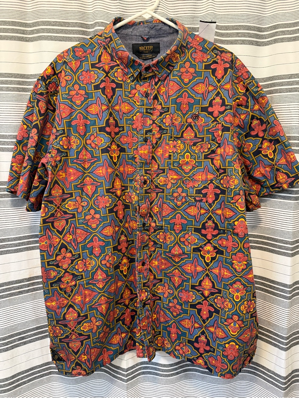 10.Deep Multicolor Short Sleeve Button-Down Shirt - Red, Orange, Blue